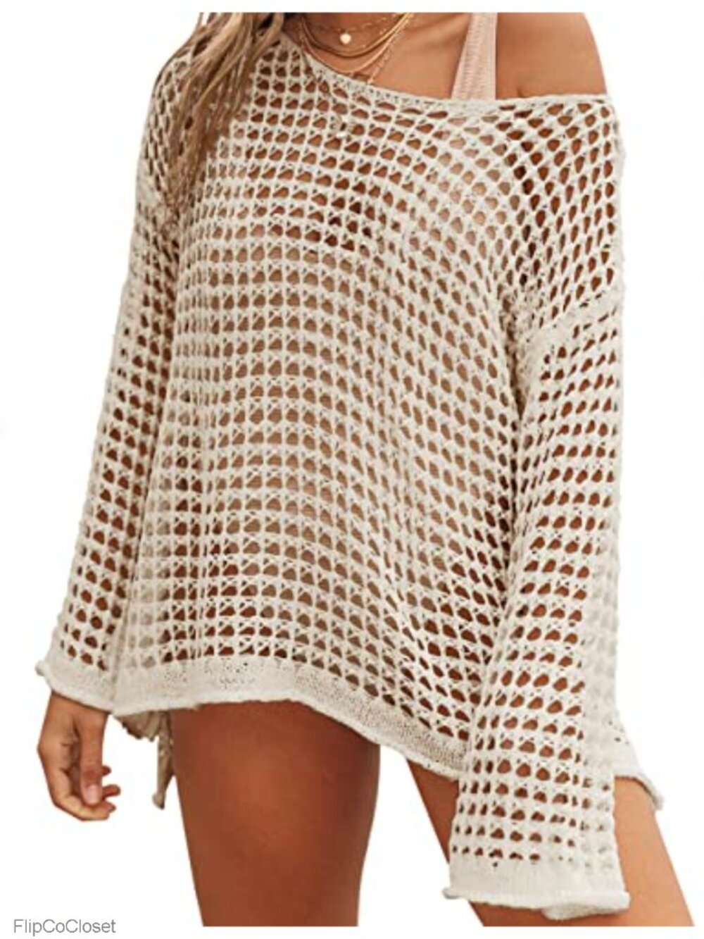 Womens Crochet Beach Cover Up Long Sleeve Hollow Out Swim Coverup